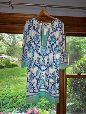 XL Blue & White Long Sleeve Printed Tunic Dress